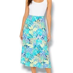 Talbots Tropical Linen Blend Midi Skirt Blue Green‎ Leaf Print Size 10 Vacation